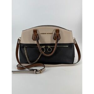 Adrienne Vittadini Tri-Tone Colorblock Satchel Crossbody Bag Black Cream‎ Brown
